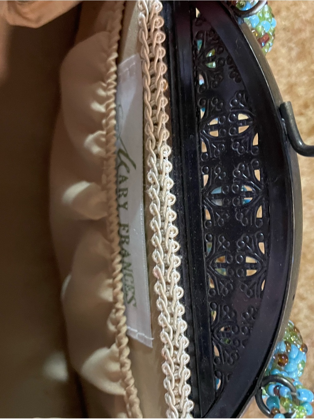 Mary Frances Olive Green and Turquoise Beaded Floral Evening Clutch excellent - Picture 8 of 9